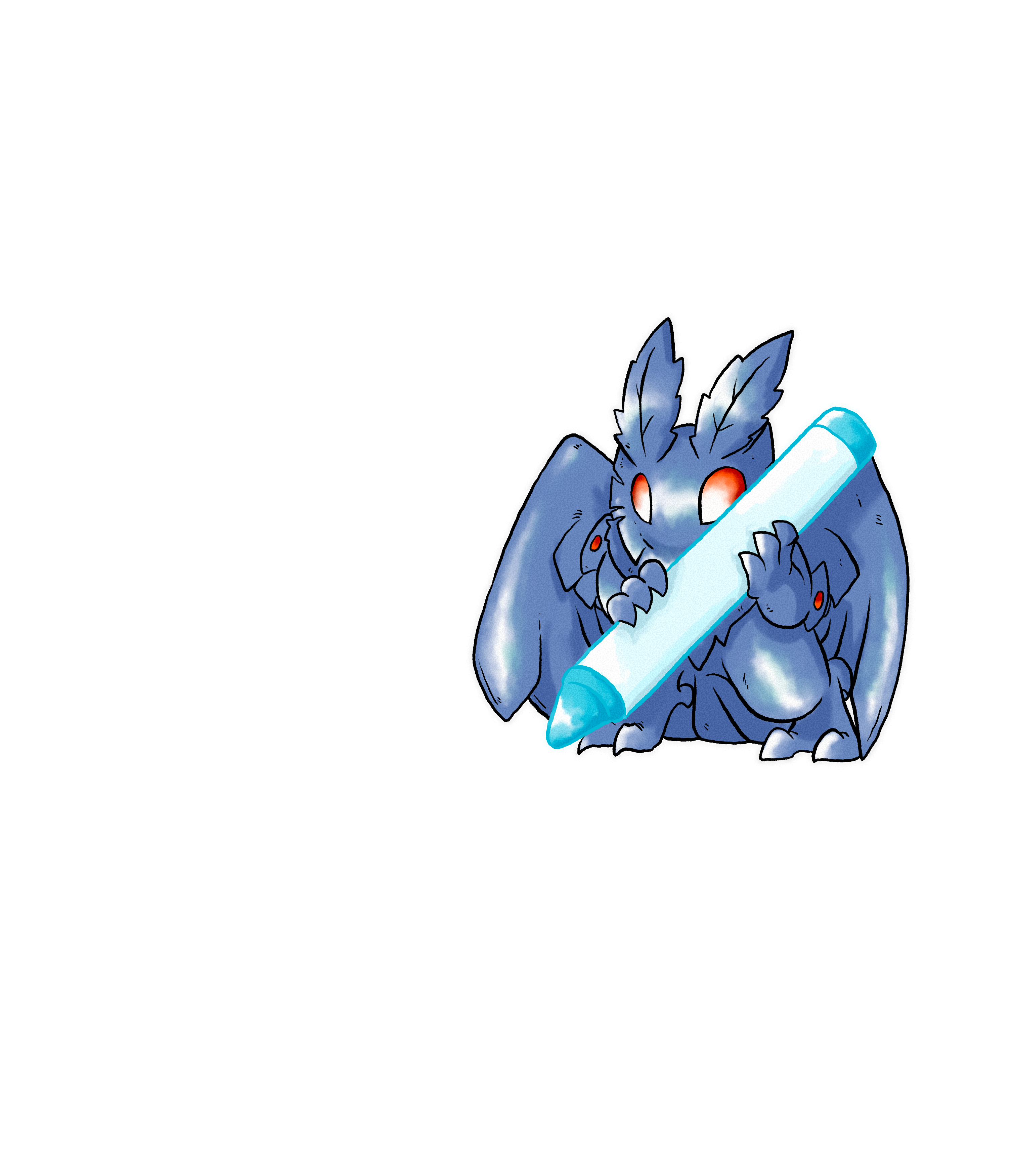 A MetaZoo moth character holding a large blue crayon